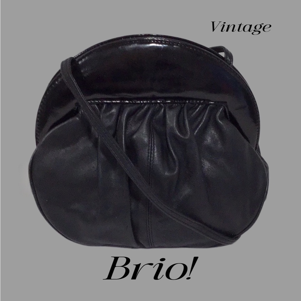BRIO! Vintage Black Leather and Patent Leather Clamshell Shoulder Bag Clutch